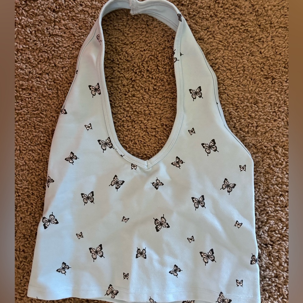 Tiger mist blue halter top with butterflies